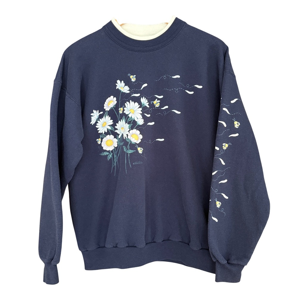 Vtg‎ Morning Sun Navy Blue Daisy Bumblebee Double Collar Sweatshirt Cottage Core